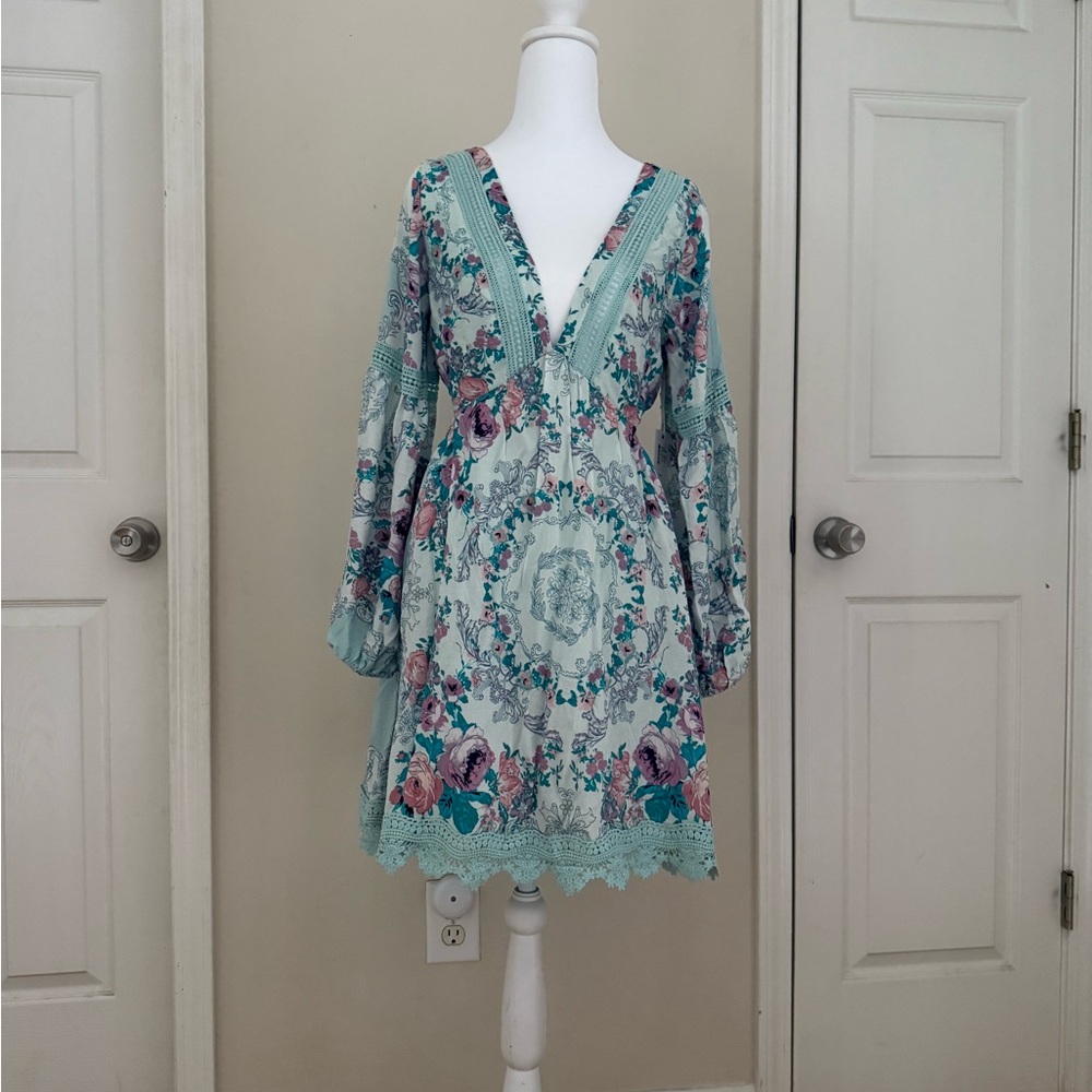 Floral V-Neck Dress - Blue and Pink